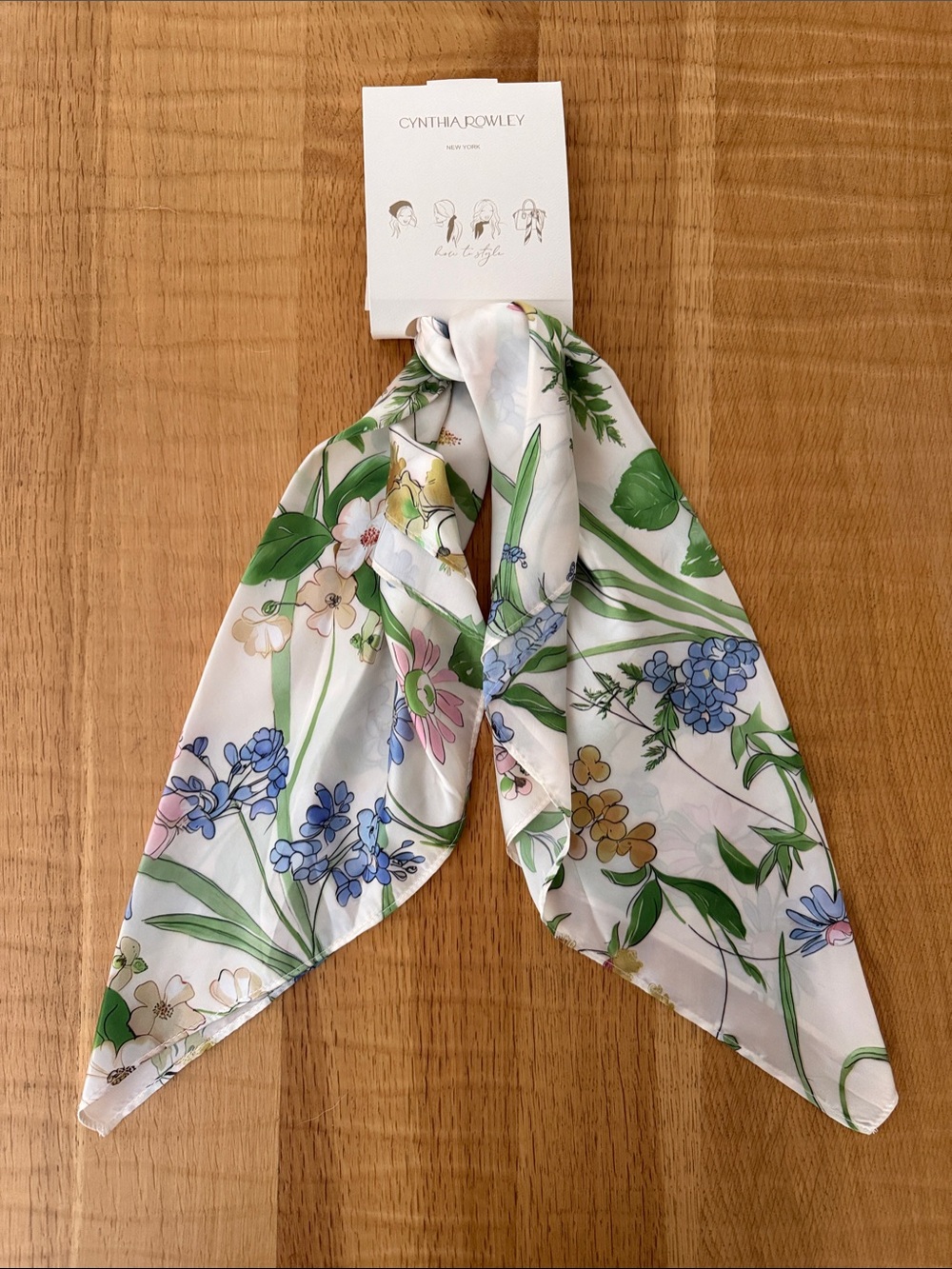 NEW Cynthia Rowley White Floral Silk Scarf with Green, Blue & Pink Accents